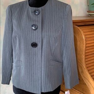 JONES & CO gray pinstriped collarless blazer jacket neutral minimalist menswear